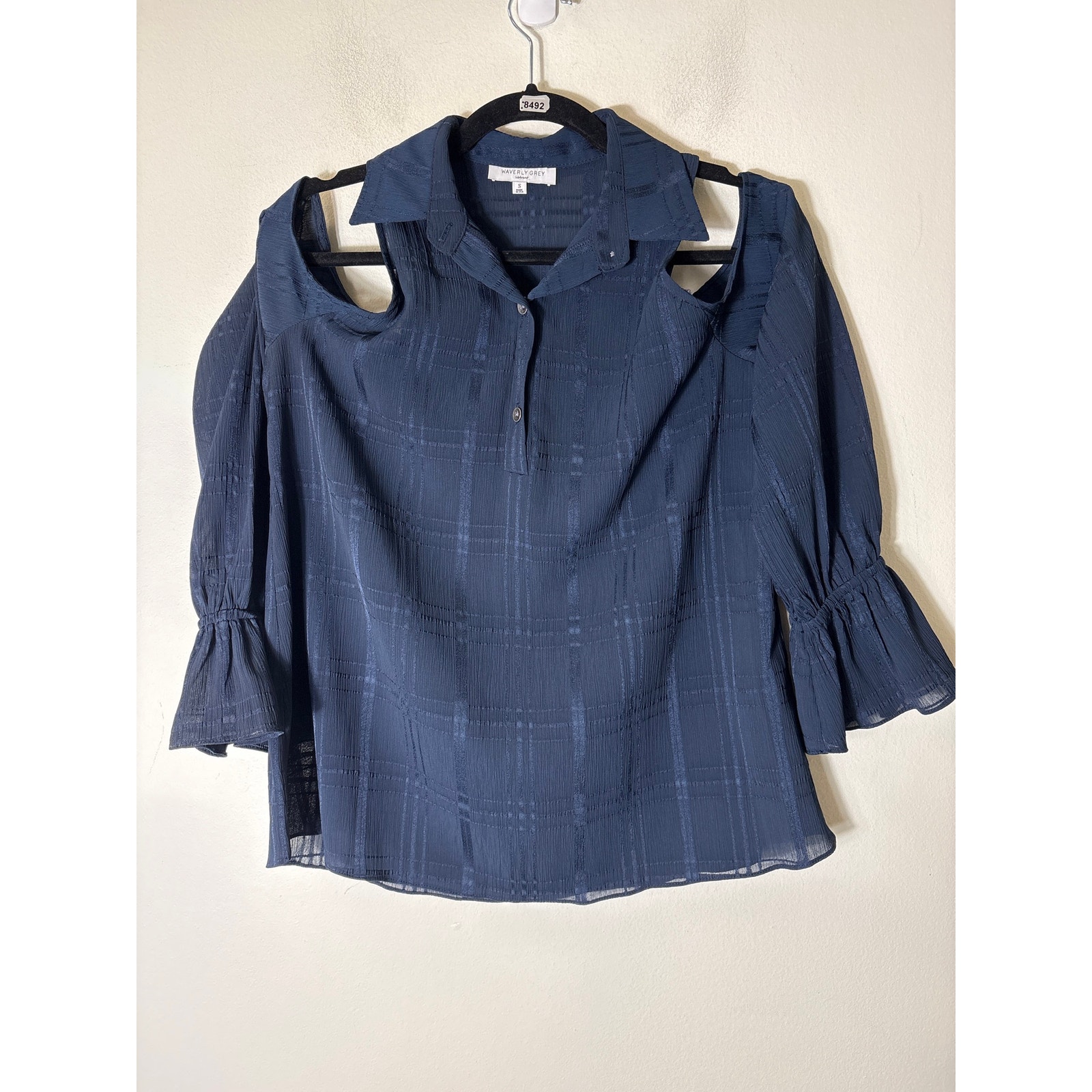 Waverly Grey Navy Cold Shoulder Button Up Top Sz S